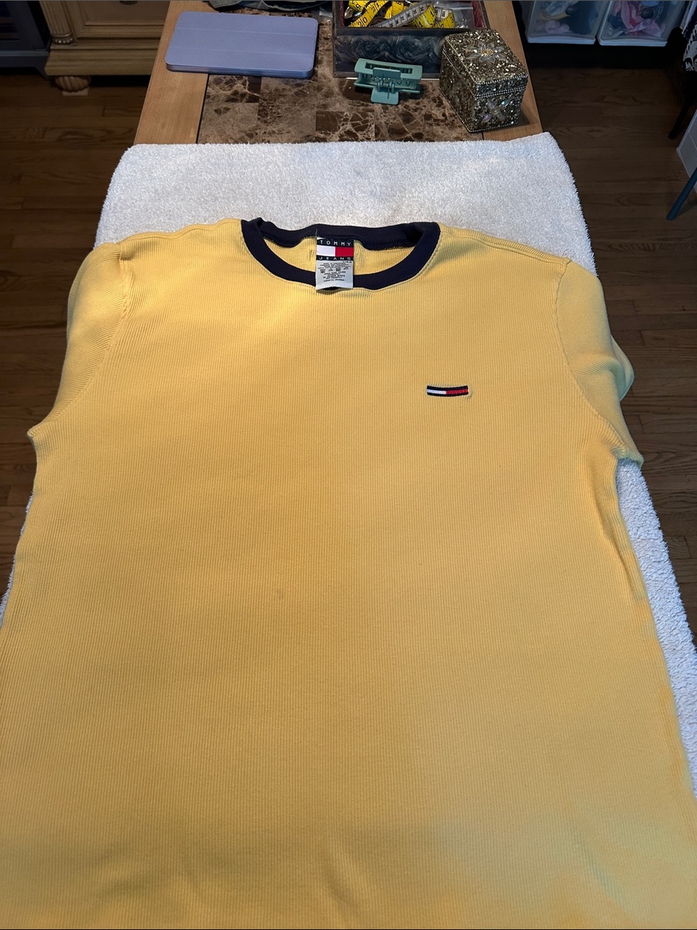 Tommy Hilfiger Men’s Yellow Crewneck Sweater with Navy Collar